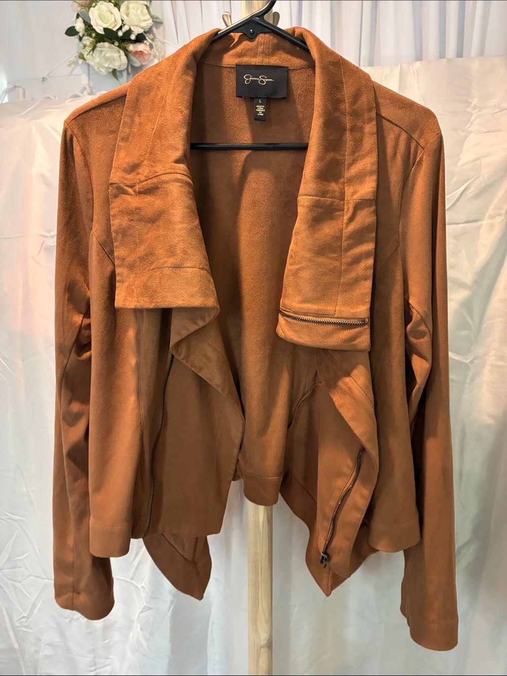 Jessica Simpson Rust Suede-Look Draped Moto Jacket